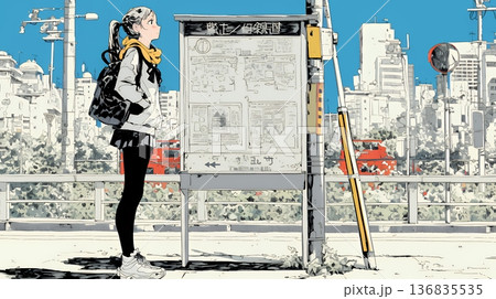 一人旅の旅先、街角で足を止めて道を確かめる若い女性