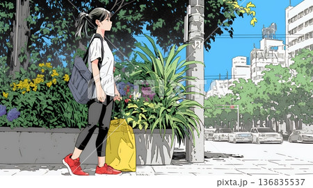 一人旅の旅先、街角で足を止めて道を確かめる若い女性