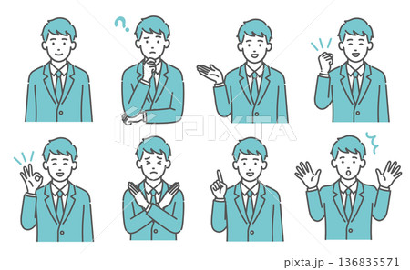 10代男性（男子学生）の表情・ポーズイラストセット（上半身・8種類） 136835571