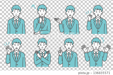 青少年男性（男學生）臉部表情和姿勢插圖集（上半身，8 種類型） 136835571