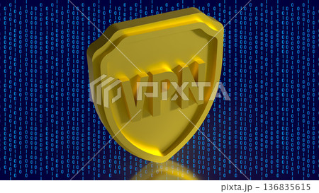 Golden VPN Shield Cyber Security Protection Concept 3d render. Golden VPN Shield Cyber Security Protection Concept 3d render. 136835615
