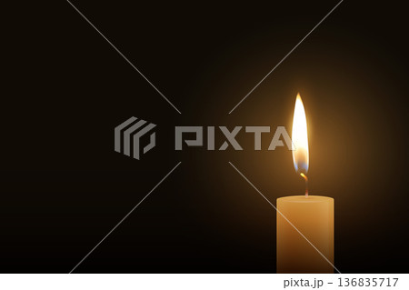 Candle Light, Vector Illustration with 3d Realistic Burning Flame on Dark Background. Memorial and Sympathy Horizontal Card Template. Spiritual, Calm Design For Remembrance, Meditation, Condolence 136835717