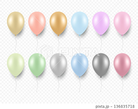 Vector 3d Realistic Pastel Colorful Balloon Icon Set, Isolated. Colorful Party Balloons, Isolated. Birthday Balloons Set. Helium Balloon for Celebration, Festive Decor, Event Design 136835718