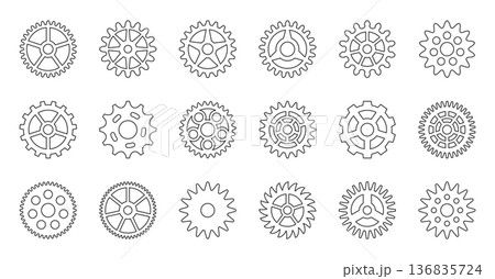 Gears Cogs Black Line Icon Set. Gearwheel Mechanical Engineering Technology Industrial Outline Metal Cogwheels for Factory Automation Projects. Machinery Manufacturing Elements. Vector Illustration Gears Cogs Black Line Icon Set. Gearwheel Mechanical Engineering Technology Industrial Outline Metal Cogwheels for Factory Automation Projects. Machinery Manufacturing Elements. Vector Illustration 136835724