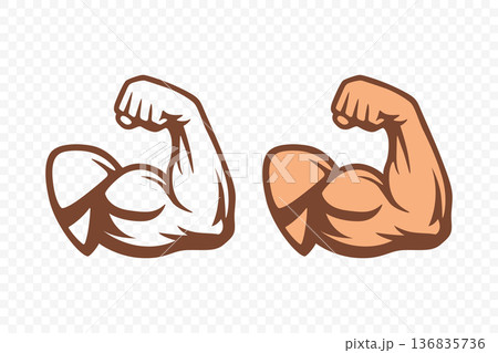 Cartoon Strength Arm Icon, Vector Illustration. Strength Muscle, Flexing Bicep Set. Fitness Gym Workout Symbol. Strong Power Bodybuilder Emblem, Isolated Outline and Filled Design 136835736