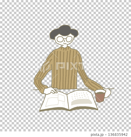 房間裡，一個戴眼鏡的女人一邊翻閱雜誌，一邊喝咖啡。 136835942