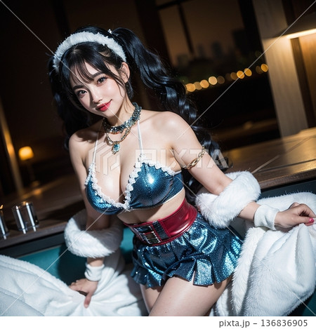 ベッドに座ってる。ビキニの若い女性 136836905