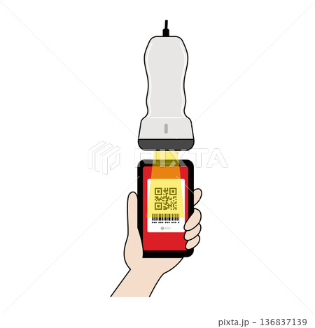 フラットイラスト | スマートフォンのQRコードを表示して専用スキャナーで読み取る手元の動作 | キ 136837139
