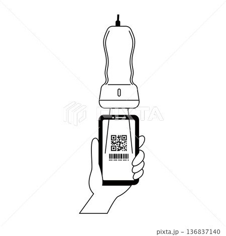 スマホのコード決済を専用リーダーで読み取る手のイラスト スマホのコード決済を専用リーダーで読み取る手のイラスト 136837140