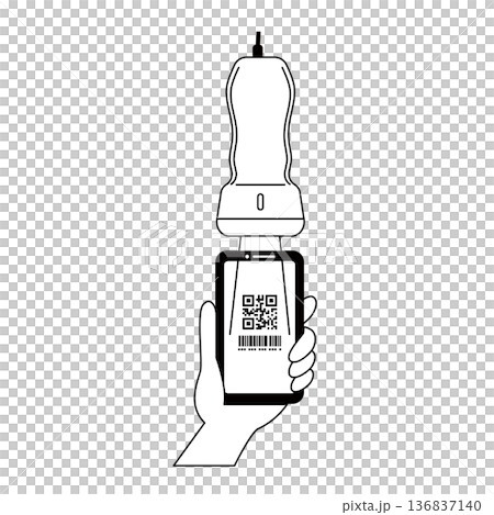 Illustration of a hand reading a smartphone code payment with a dedicated reader Illustration of a hand reading a smartphone code payment with a dedicated reader 136837140