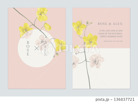 Minimalist floral wedding invitation card template, golden shower flowers on white and pink Minimalist floral wedding invitation card template, golden shower flowers on white and pink 136837721