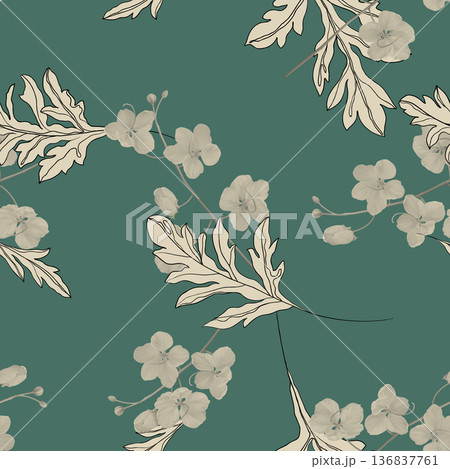 Floral seamless pattern, golden shower flowers and line art leaves on green 136837761