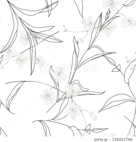 Floral seamless pattern, black and white golden shower flowers and line art leaves on white 136837766