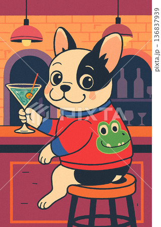 バーで一杯嗜むフレンチブルドッグのイラスト 136837939