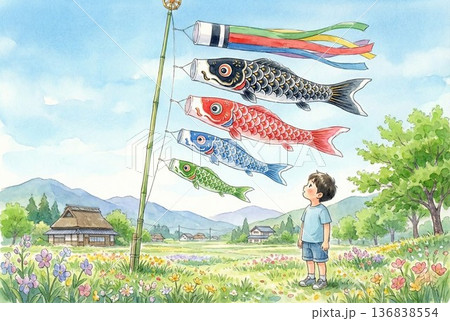 端午の節句の里山で泳ぐこいのぼりを眺める少年の水彩画風イラスト 136838554