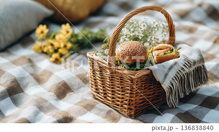 チェック柄のブランケットに置かれた春のアウトドアピクニック 136838840