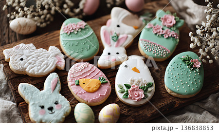 パステルカラーのアイシングが美しいウサギ型のイースタークッキー パステルカラーのアイシングが美しいウサギ型のイースタークッキー 136838853
