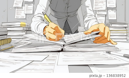 オフィスのデスクで、入念に書類をチェックする女性