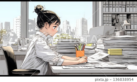 オフィスのデスクで、入念に書類をチェックする女性