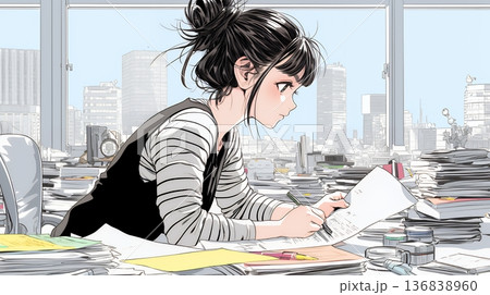 オフィスのデスクで、入念に書類をチェックする女性