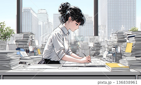 オフィスのデスクで、入念に書類をチェックする女性