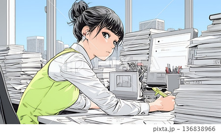 オフィスのデスクで、入念に書類をチェックする女性