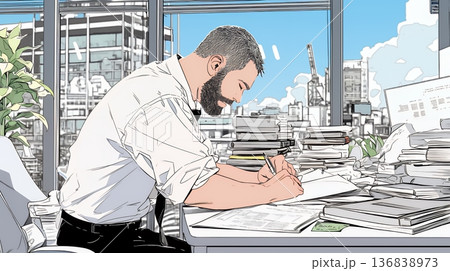 オフィスのデスクで、入念に書類をチェックする男性のイラスト素材 [136838973] - PIXTA