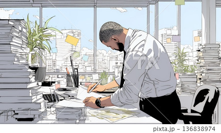オフィスのデスクで、入念に書類をチェックする男性のイラスト素材 [136838974] - PIXTA