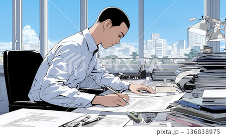 オフィスのデスクで、入念に書類をチェックする男性