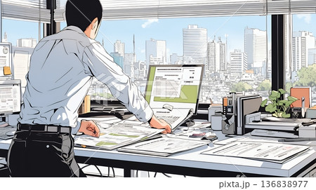 オフィスのデスクで、入念に書類をチェックする男性