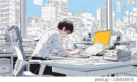 オフィスのデスクで、入念に書類をチェックする男性のイラスト素材 [136838978] - PIXTA