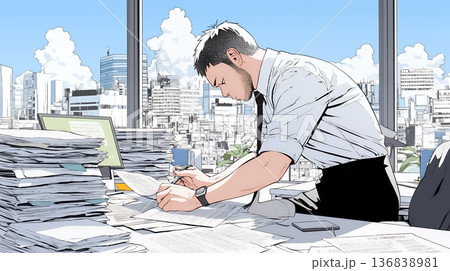 オフィスのデスクで、入念に書類をチェックする男性