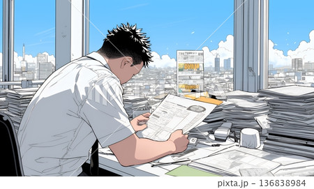 オフィスのデスクで、入念に書類をチェックする男性