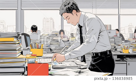 オフィスのデスクで、入念に書類をチェックする男性