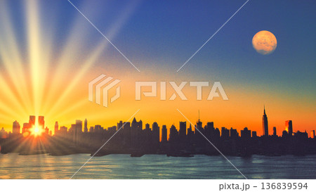 マンハッタンの近代ビル群の美しい日の出風景 136839594