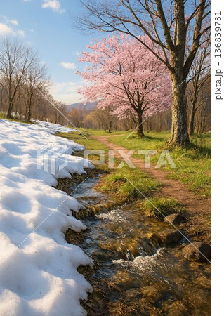 残雪と春の気配が漂う里山の風景 •Lingering Snow and Hints of 残雪と春の気配が漂う里山の風景 •Lingering Snow and Hints of 136839731