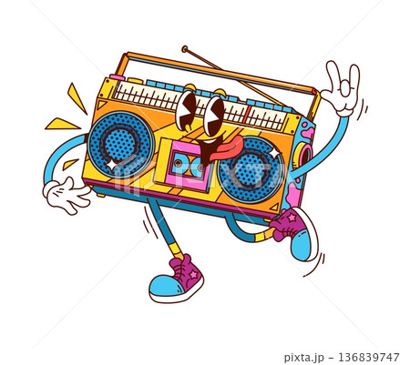 Cartoon retro groovy tape recorder character featuring bright funky colors, buttons, antenna and speakers. Isolated vector vintage boombox personage in sneakers and gloves, smiles and flashing rock 136839747