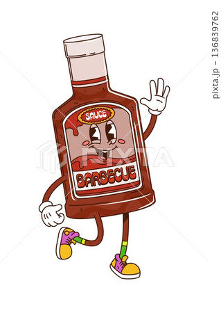 Cartoon funky groovy barbecue sauce bottle character wearing vintage sneakers and giving a playful gesture. Isolated vector fast food bbq dressing retro personage waving hand with happy expression 136839762