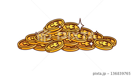 Cartoon groovy golden coins pile with clover leaves for saint Patrick's day. Isolated vector pile of gold coins, yellow shiny money heap, retro symbol of luck. Irish st Patrick day gold of leprechaun 136839765