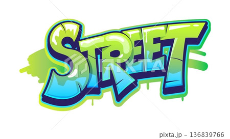 Street Street graffiti, funky paint spray typography. Hip Hop culture airbrush drawing, urban street vector graffiti spray. Street wall tag text or typography with blue and blue, cracked letters 136839766