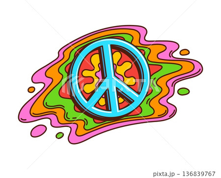 Peace pacific sign funky groovy symbol or label. Cartoon groovy pacific symbol, isolated vector patch. Hippie peace sign in trippy colors liquid puddle retro trippy tag or sticker Peace pacific sign funky groovy symbol or label. Cartoon groovy pacific symbol, isolated vector patch. Hippie peace sign in trippy colors liquid puddle retro trippy tag or sticker 136839767