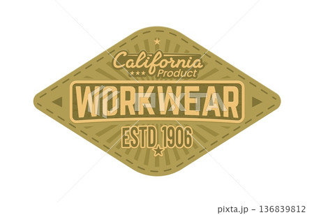 Denim jeans leather patch label, vintage workwear tag with bold typography, earthy tones, and stitched diamond shape. Vector badge for branding apparel, heritage clothing or retro industrial fashion Denim jeans leather patch label, vintage workwear tag with bold typography, earthy tones, and stitched diamond shape. Vector badge for branding apparel, heritage clothing or retro industrial fashion 136839812