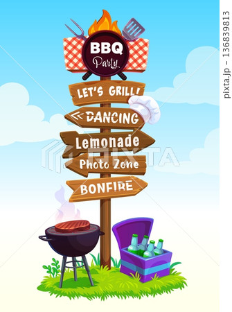 Barbeque party wooden sign board, bbq directional sign yard with vector grill and barbecue signboards. Cartoon post with arrow shaped wooden boards, barbeque chef hat, grilled meat, beer and bbq fork 136839813
