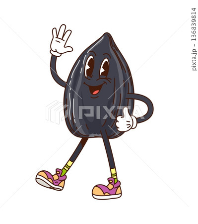 Cartoon groovy funky sunflower seed and nut character waving a hand, exuding happy y2k hippie vibe with a wide smile. Vector retro grain kernel healthy food personage wearing trendy vintage sneakers Cartoon groovy funky sunflower seed and nut character waving a hand, exuding happy y2k hippie vibe with a wide smile. Vector retro grain kernel healthy food personage wearing trendy vintage sneakers 136839814