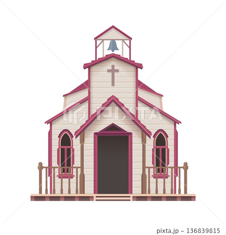 Western town church cartoon building. American Western church wooden construction, Texas ancient architecture vector home porch. USA Wild West town two storey building or US history house facade 136839815