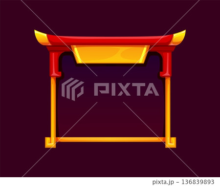 Asian roof frame of Chinese temple gate or Japanese pagoda and oriental house arch, vector design element. Asian roof frame of Japanese shrine arch with red and golden borders for decoration 136839893