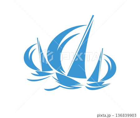 Yachting sport icon, three racing sailboats in motion. Vector regatta club emblem with blue sail boats on sea waves. Marine label, symbol of teamwork, ocean adventure, nautical competition and travel Yachting sport icon, three racing sailboats in motion. Vector regatta club emblem with blue sail boats on sea waves. Marine label, symbol of teamwork, ocean adventure, nautical competition and travel 136839903
