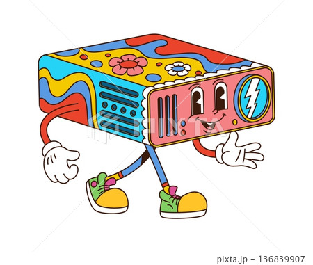 Groovy movie film projector character of retro cinema entertainment, cartoon vector. Funky comic hippie filmstrip projector with happy face and smile for retro movie cinema groovy character 136839907