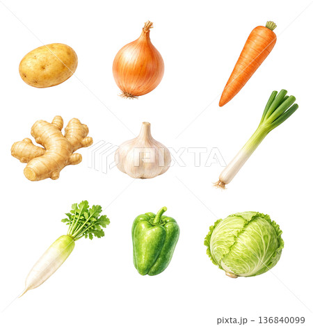 定番野菜ミックスの水彩イラスト素材｜料理や献立に使えるシンプルな食材セット 136840099