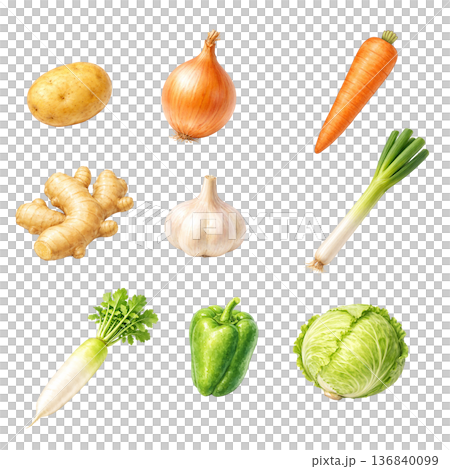 定番野菜ミックスの水彩イラスト素材｜料理や献立に使えるシンプルな食材セット 136840099